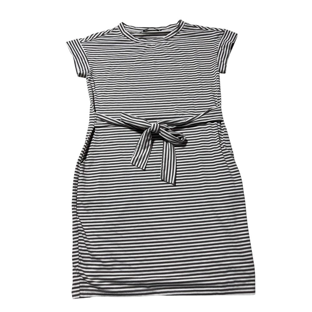 Merokeety Womens M Brown & White Stripe Stretchy Waist Tied Casual Dress